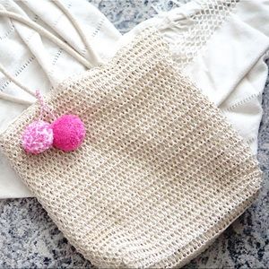 Straw Tote Bag with Poms